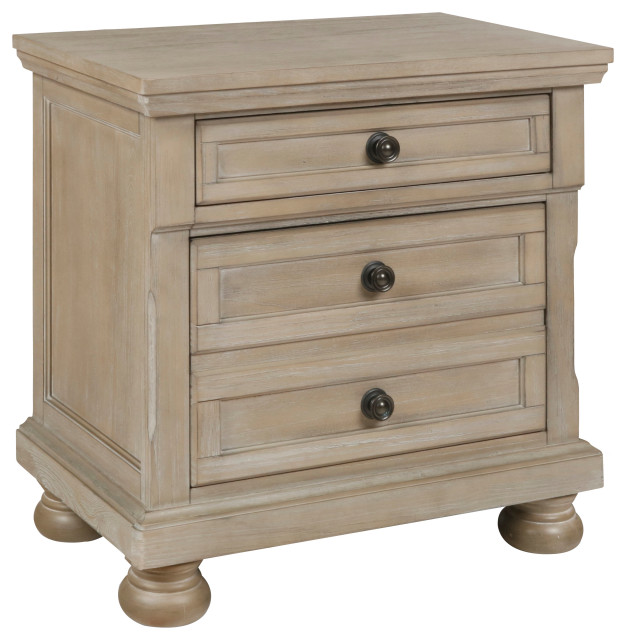 Benzara BM220427 3 Drawer Wooden Nightstand With Round Knobs, Weathered
