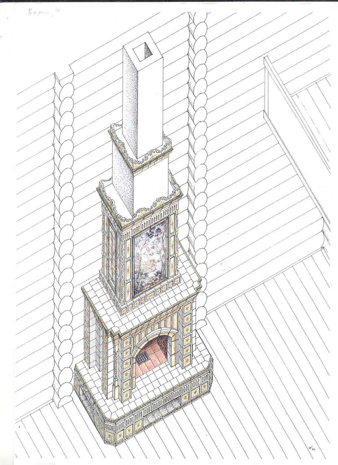 Авторский камин с облицовкой из фарфора с ручной росписью под ключ