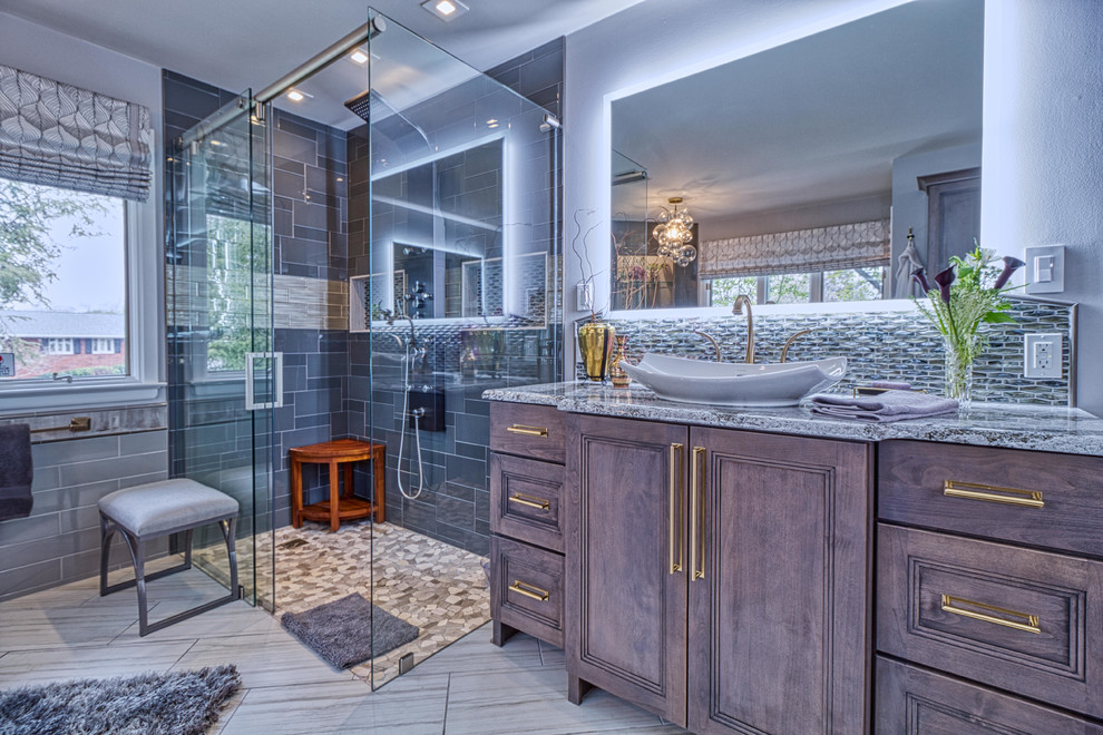 Large transitional master bathroom in Other with recessed-panel cabinets, grey cabinets, a freestanding tub, a curbless shower, grey walls, ceramic floors, a vessel sink, engineered quartz benchtops, grey floor and a hinged shower door.