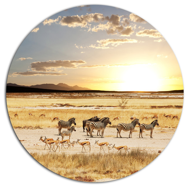 Zebras and Antelopes in Africa, African Landscape Round Artwork