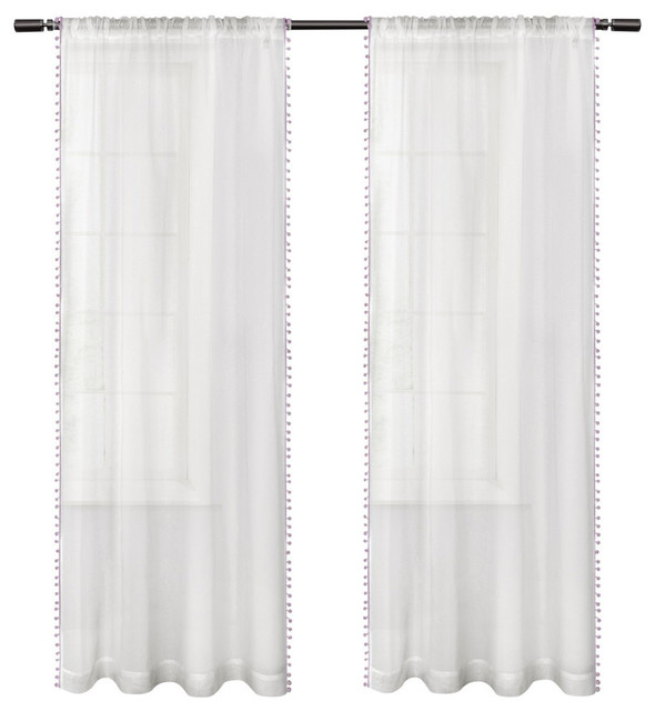 Kids Sheer Bordered Pom Pom Applique Curtain Panels Contemporary