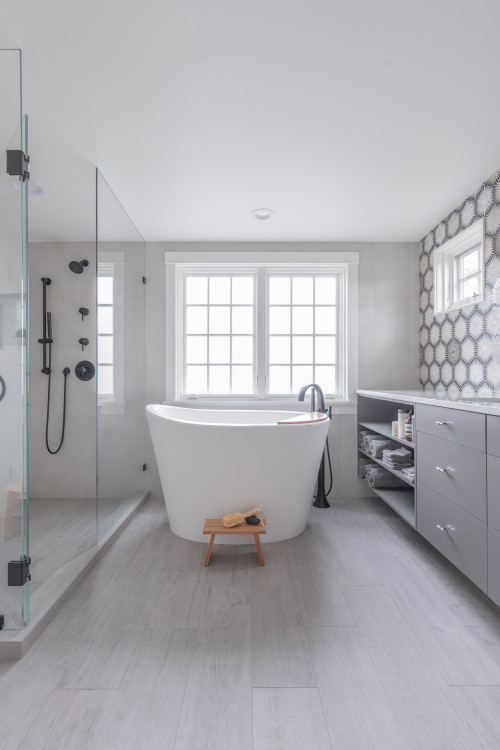 Soothing Simplicity: Transform Your Space with a Grey Large Bathroom - Freestanding Bathtub Ideas