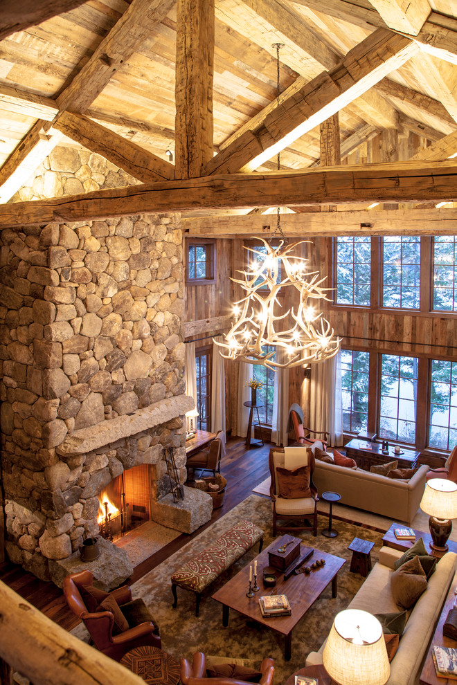 Example of a large mountain style home design design in Boston
