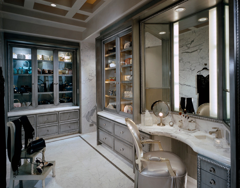 Photo of a large contemporary master bathroom in Phoenix with recessed-panel cabinets, marble benchtops, white tile, stone slab, a drop-in tub, grey walls, marble floors and grey cabinets.