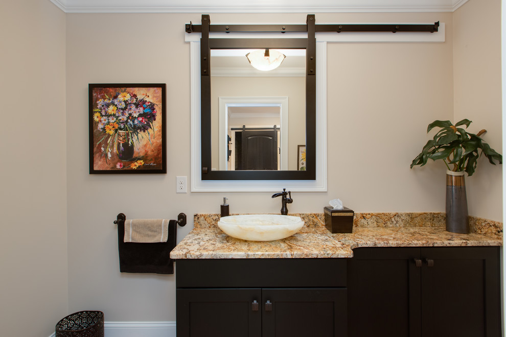Inspiration for a large transitional 3/4 bathroom in Boston with shaker cabinets, black cabinets, a vessel sink, granite benchtops, beige walls, terra-cotta floors and red floor.