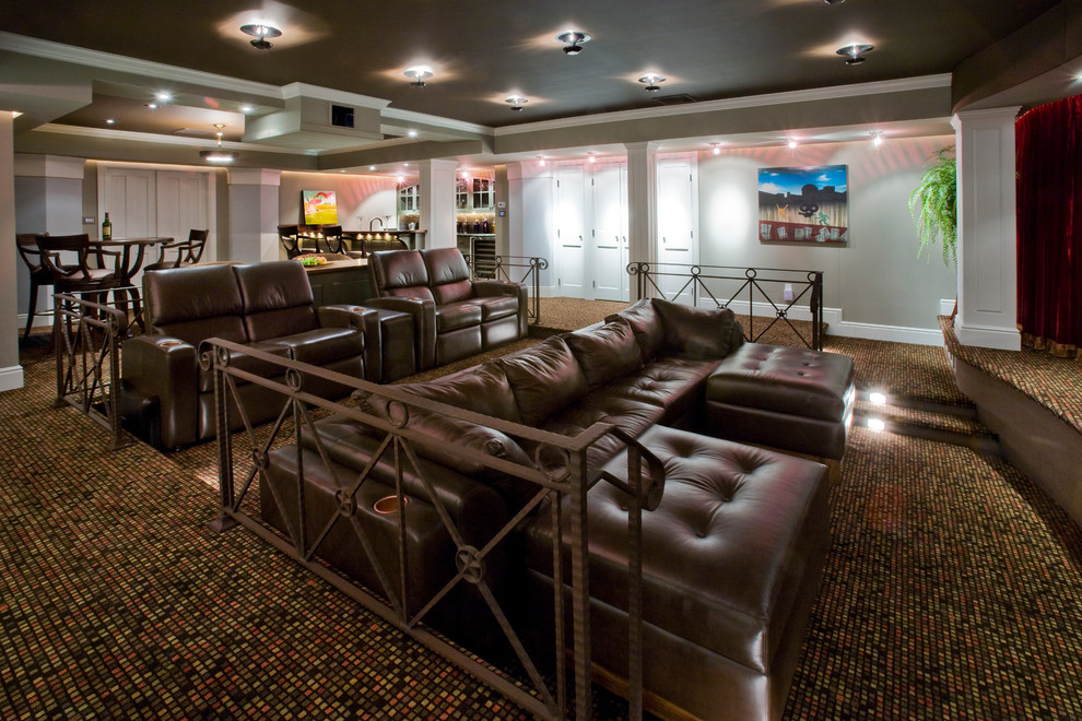 Photo of a traditional home theatre in New York with multi-coloured floor.
