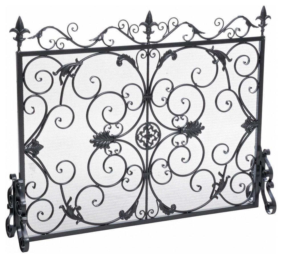 Black Gold Finish Fireplace Screen 3 Panel Folding Wrought Iron Arch Scrollwork 
