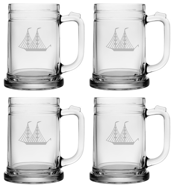 Clipper Ship Tankard Mugs, Set of 4 Beach Style Beer Glasses by