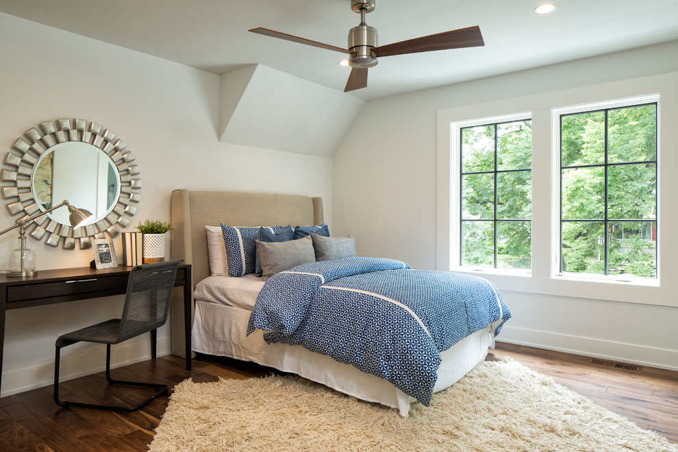 Design ideas for a transitional bedroom in Minneapolis with white walls and dark hardwood floors.