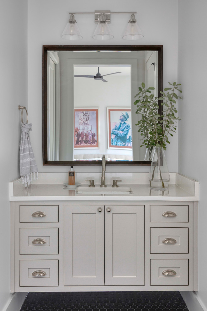 This is an example of a country family bathroom in Austin with shaker cabinets, beige cabinets, white walls, ceramic flooring, a submerged sink, quartz worktops, black floors, white worktops, a single sink and a floating vanity unit.