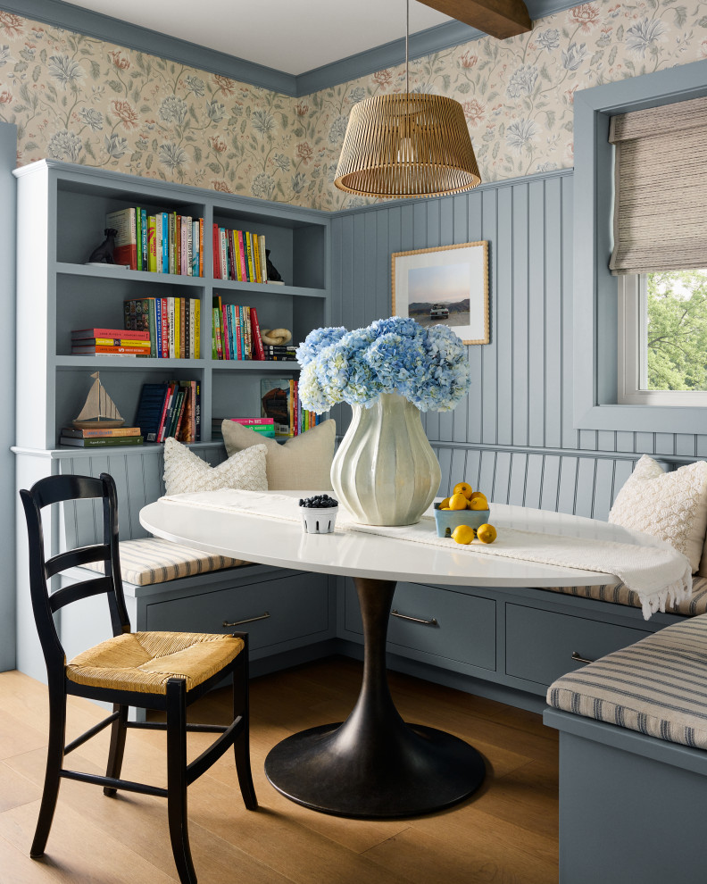 Coastal Kitchen and Bathroom - Inspiration for a mid-sized coastal light wood floor, beige floor, wood ceiling and wallpaper kids' room remodel in Philadelphia with blue walls