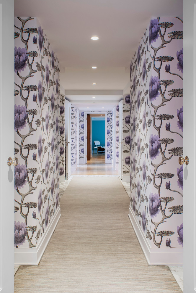 New York City Combination-Renovatin - An entry foyer that pops with creative energy and color.  Gorgeous wallpaper surrounds the hall.  Beautiful entry rug with marble accents.