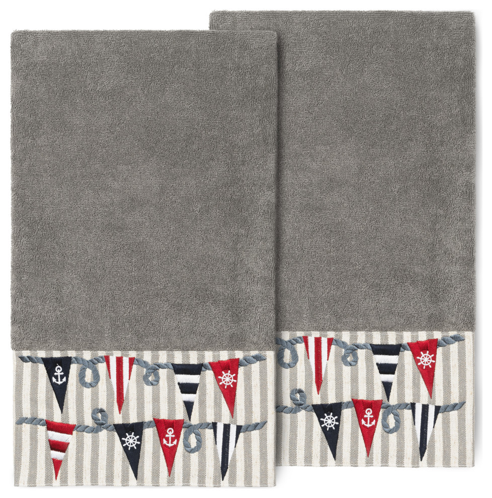 100 Turkish Cotton Ethan 2Piece Embellished Bath Towel Set, Dark Gray