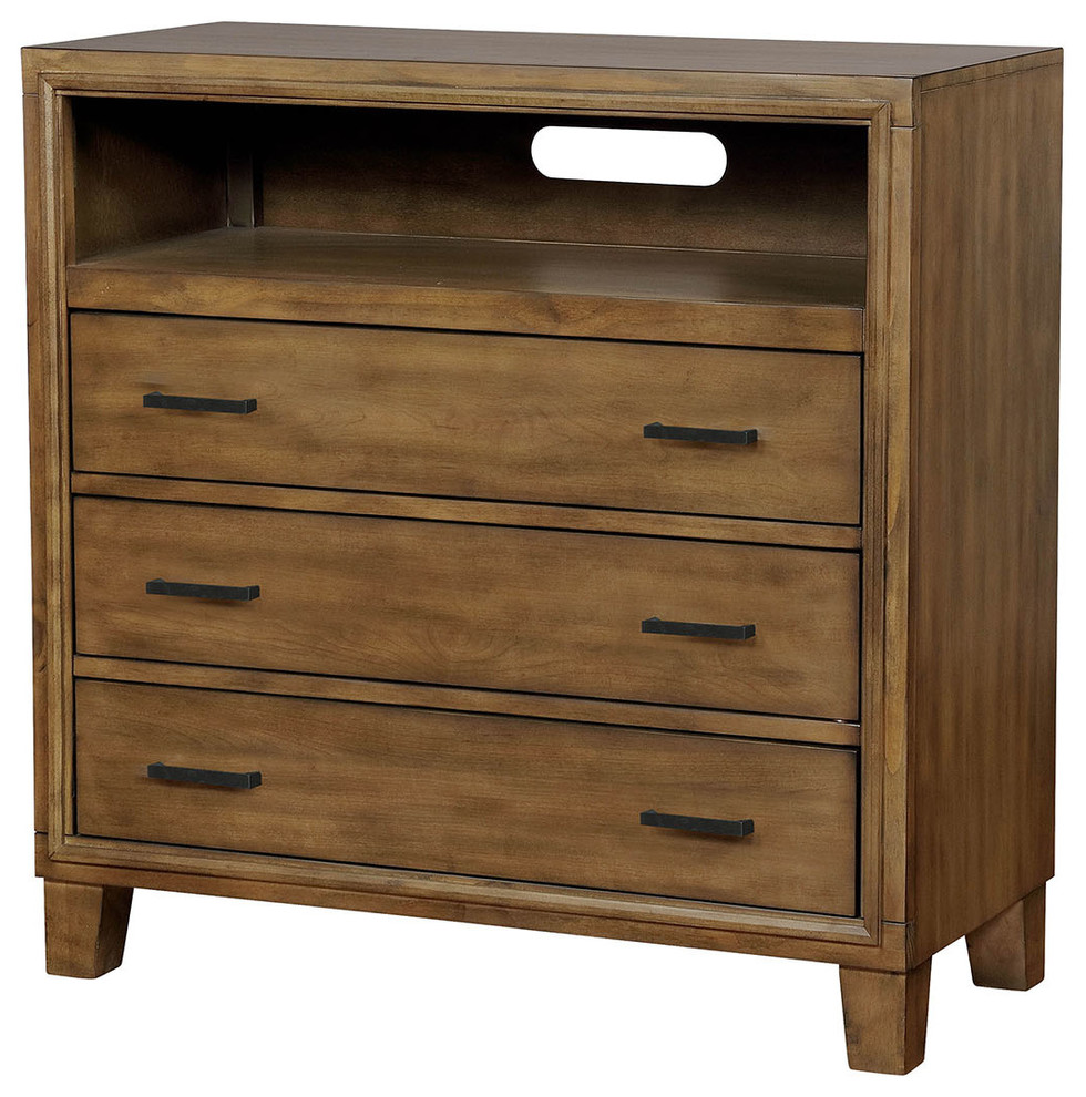Contemporary Solid Wood Media Chest With Drawers, Light Oak Brown