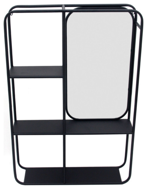 Metal 29" Vertical Wall Shelf With Mirror, Black Industrial Display