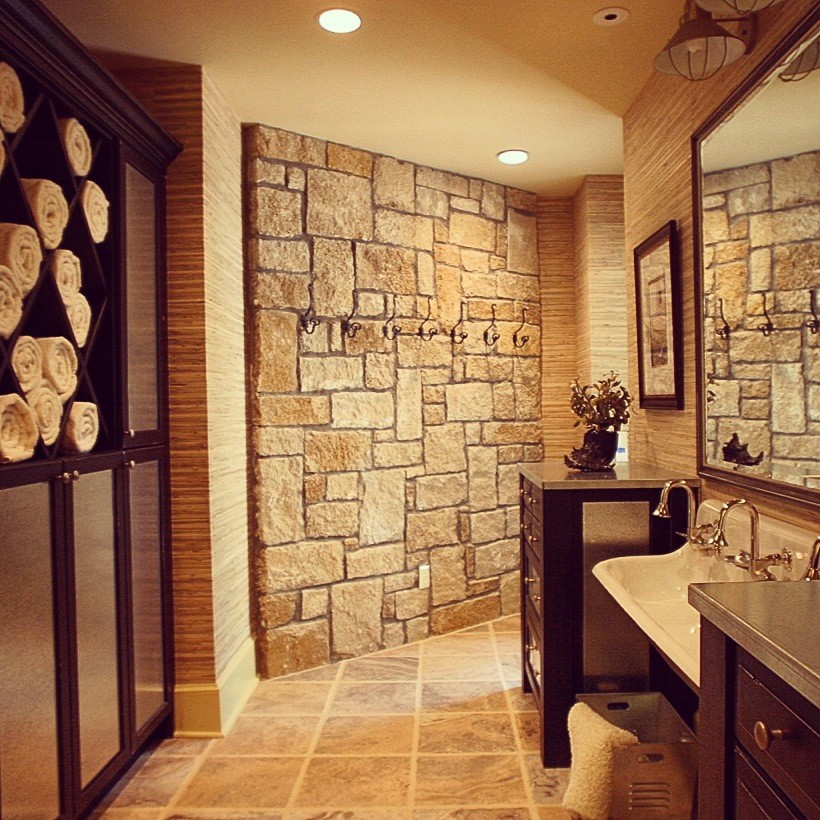 Inspiration for a large rustic multicolored tile home design remodel with a trough sink