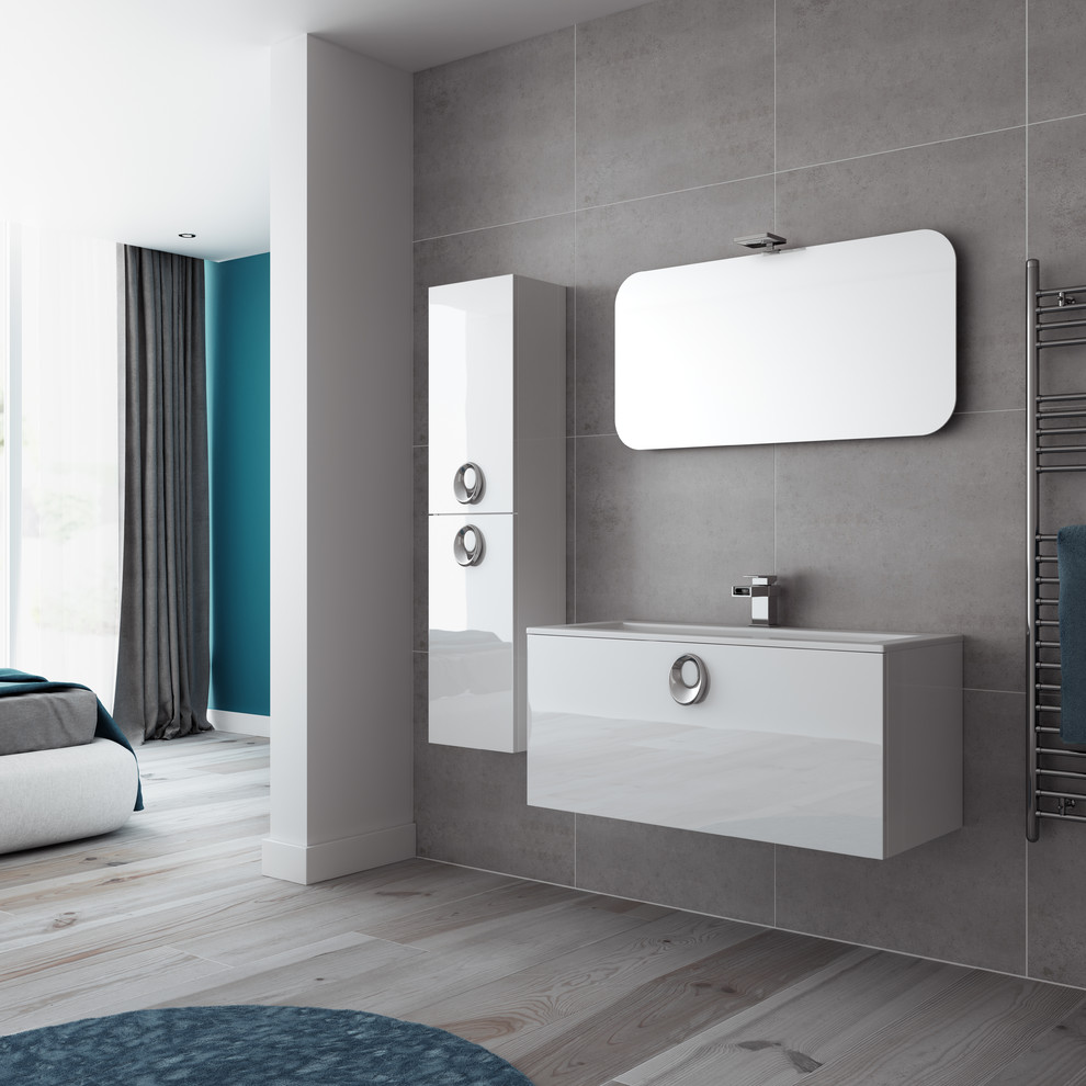 Inspiration for a modern bathroom in London with a wall-mount sink, furniture-like cabinets, white cabinets, laminate benchtops, a corner tub, an open shower, a wall-mount toilet, gray tile, porcelain tile, grey walls and porcelain floors.