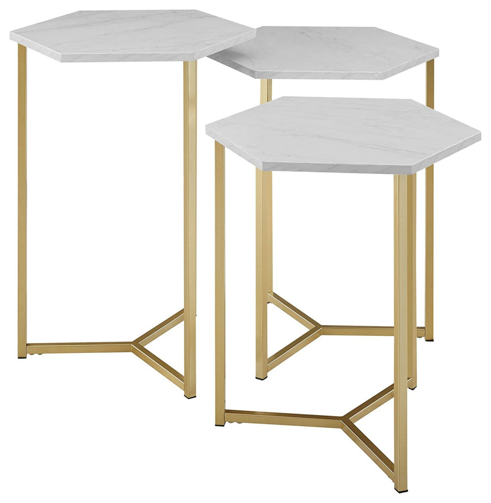 Marble and Gold Modern Hexagon Nesting Side End Table Set