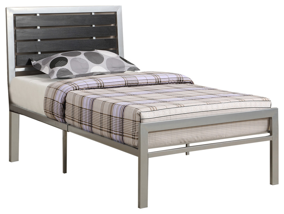 Metal Bed with Wood Headboard, Silver Contemporary Kids Beds by