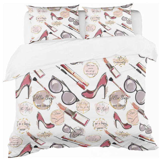 Fancy Happy Lady Makeup Modern Teen Duvet Cover Set Contemporary