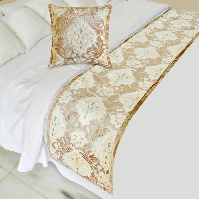 Beige Velvet Full 68"x18" Bed Runner WITH Two Pillow Cover, Damask - Emmeline