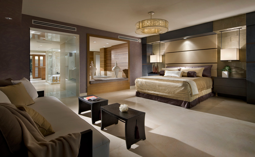 This is an example of a large contemporary master bedroom in Las Vegas with brown walls, no fireplace and beige floor.