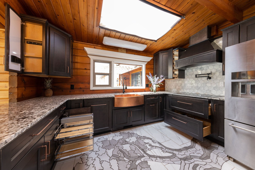 Inspiration for a mid-sized rustic u-shaped ceramic tile, multicolored floor and wood ceiling eat-in kitchen remodel with shaker cabinets, distressed cabinets, granite countertops, gray backsplash, mosaic tile backsplash, stainless steel appliances, no island and multicolored countertops