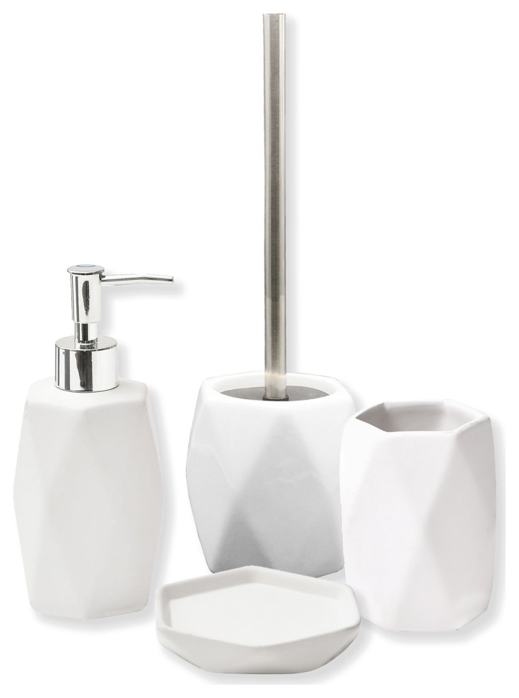Diamond Bathroom Accessory Set 4Pieces White Transitional Bathroom