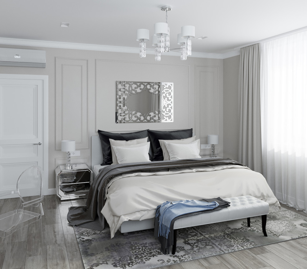 This is an example of a medium sized contemporary master bedroom in Novosibirsk.