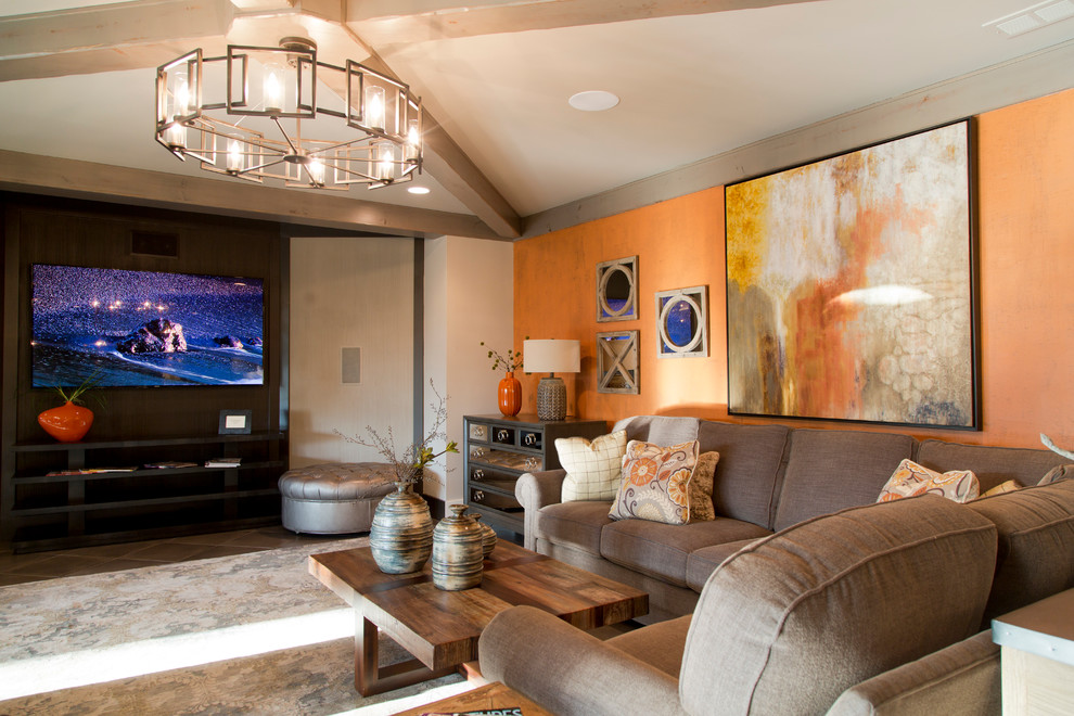Large transitional open concept ceramic tile living room photo in Kansas City with orange walls and a wall-mounted tv