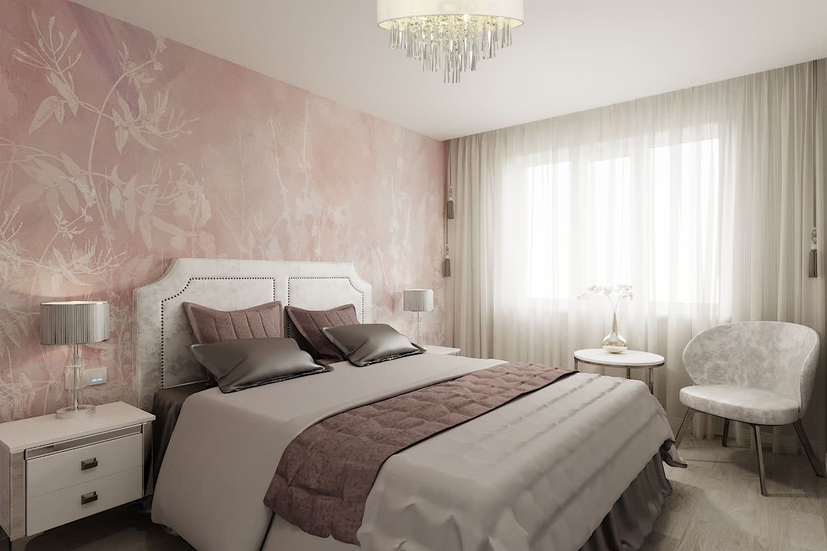 спальня для девушки в  дымчато-розовом с серым