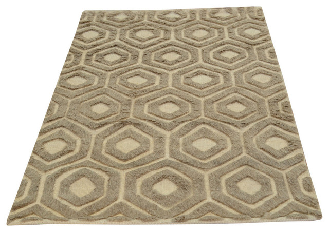 100% Wool Ivory Moroccan, Hand-Knotted High and Low Pile Oriental Rug
