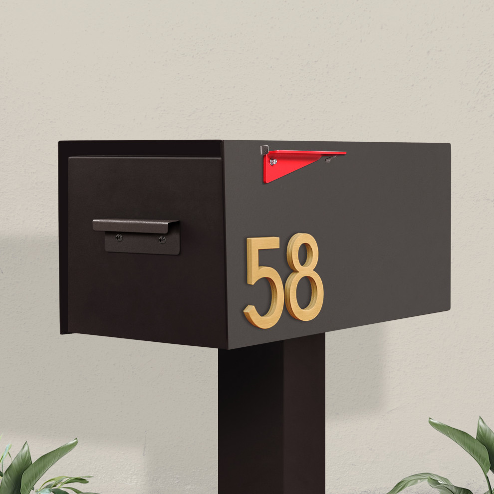 Malone Post-Mounted Mailbox + House Numbers, Brown, Brass Font, With Post