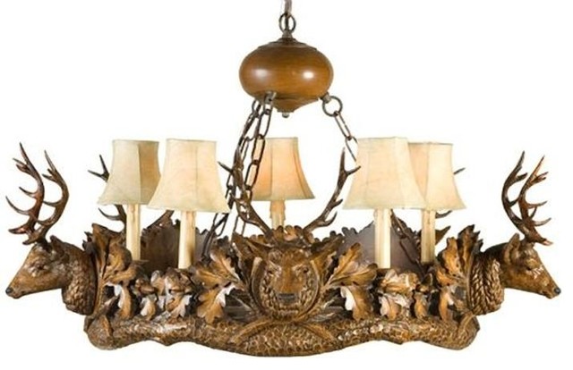 Chandelier Lodge 5 Small Stag Head Deer 5-Light Brass Faux Leather
