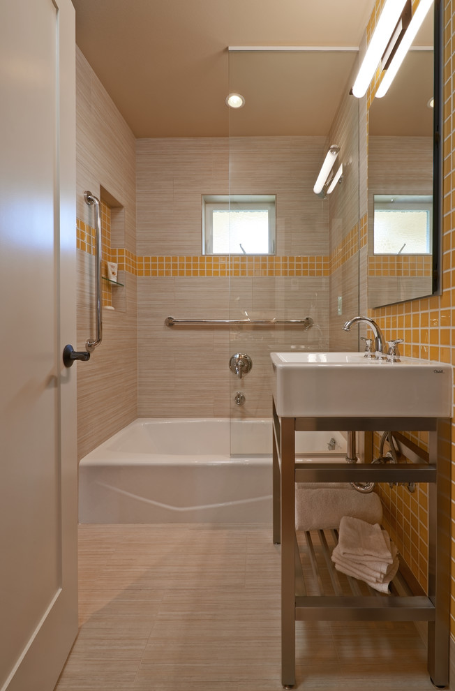 Inspiration for a small arts and crafts 3/4 bathroom in Seattle with beige tile, yellow tile, an alcove tub, a shower/bathtub combo, ceramic tile, beige walls, ceramic floors, a drop-in sink, solid surface benchtops, beige floor and an open shower.