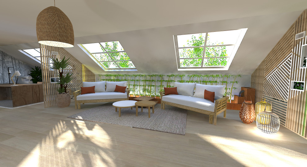 Modelo de sala de manualidades tropical grande sin chimenea con paredes verdes, suelo laminado, escritorio empotrado y papel pintado