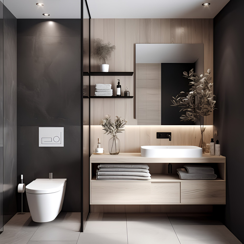 Inspiration for a mid-sized modern master wet room bathroom in New York with flat-panel cabinets, light wood cabinets, a one-piece toilet, wood-look tile, porcelain floors, a vessel sink, wood benchtops, beige floor, a single vanity, a freestanding vanity and wood walls.