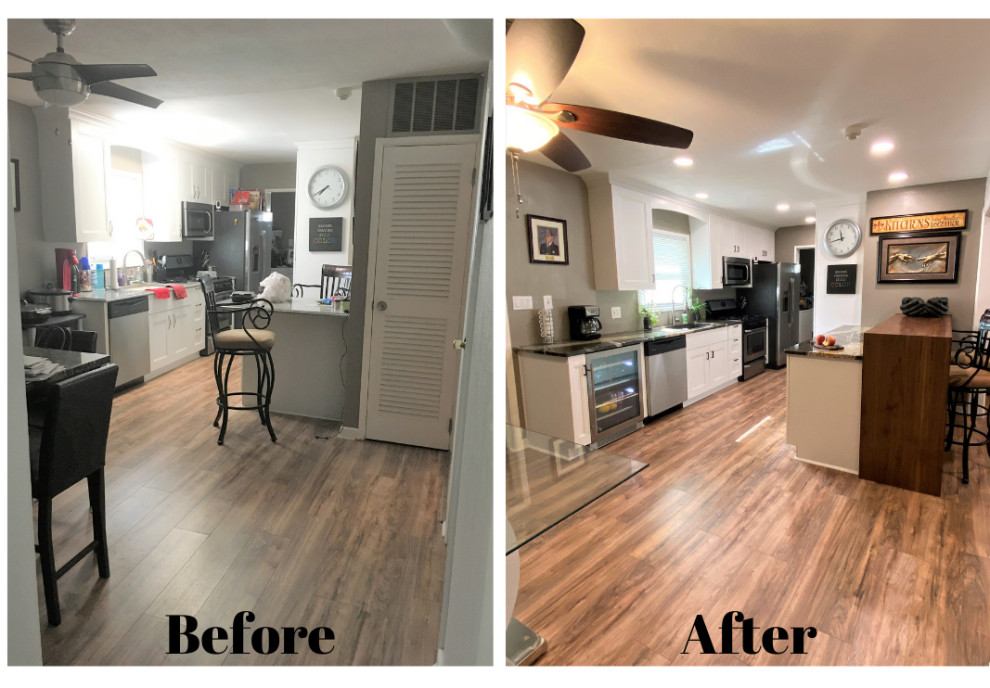 Mid-sized transitional galley laminate floor and brown floor eat-in kitchen photo with an undermount sink, recessed-panel cabinets, white cabinets, granite countertops, stainless steel appliances and multicolored countertops