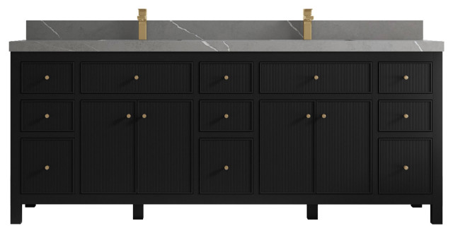Sonoma 84 Double Sink Reeded Bath Vanity in Black 2" Piatra Gray ...