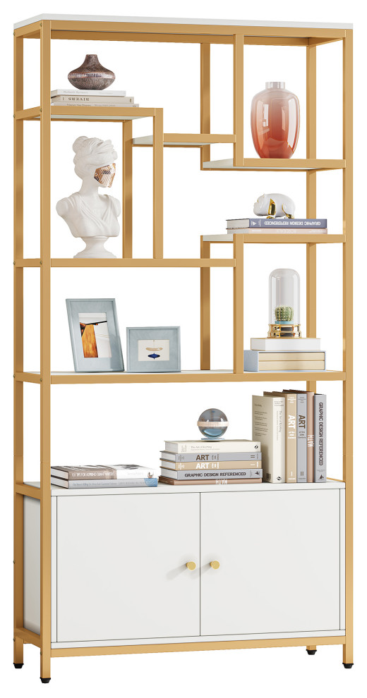 74" Tall White Gold Bookshelf Bookcase With Doors Contemporary Bookcases by SUNFLOWR TRADE