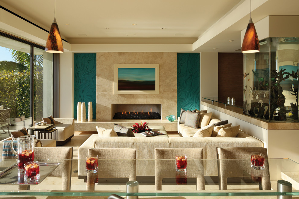 This is an example of a mid-sized contemporary formal open concept living room in Orange County with beige walls, a ribbon fireplace, a stone fireplace surround and no tv.