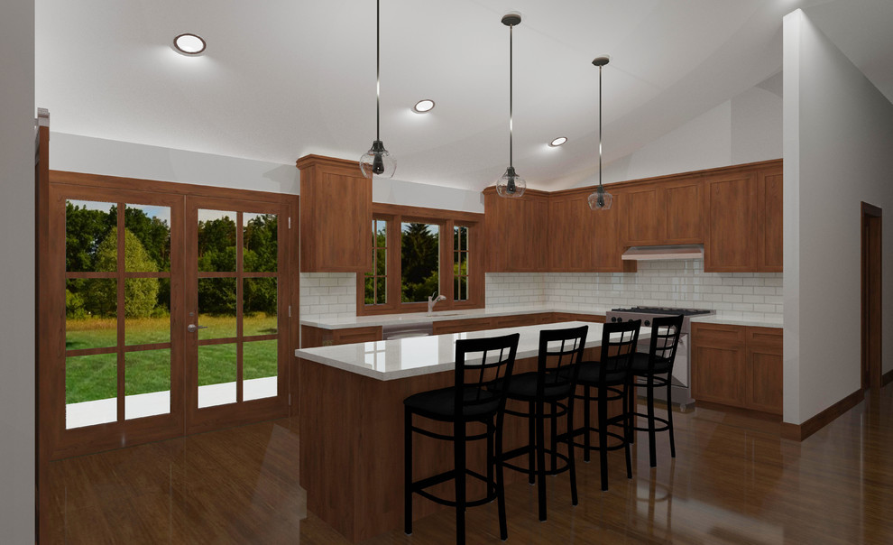 Eat-in kitchen - mid-sized u-shaped medium tone wood floor and brown floor eat-in kitchen idea with an undermount sink, shaker cabinets, medium tone wood cabinets, quartz countertops, white backsplash, porcelain backsplash, stainless steel appliances, an island and white countertops
