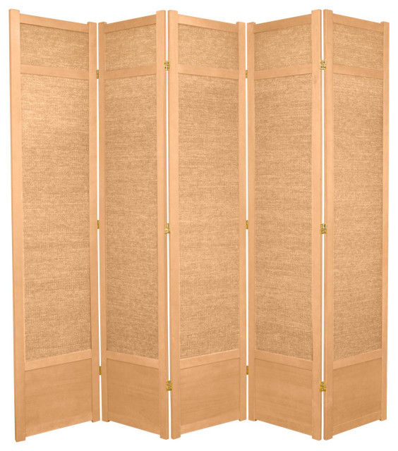 Lightweight Room Divider, Double Hinged Woven Jute Screens, Natural/5 Panels