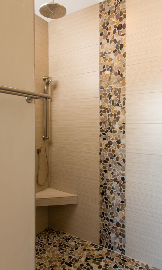 Alcove shower - transitional multicolored tile multicolored floor alcove shower idea with a hinged shower door