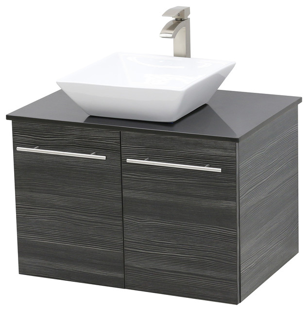 24" Wall Mount Vanity, Black Stone Countertop Modern Bathroom