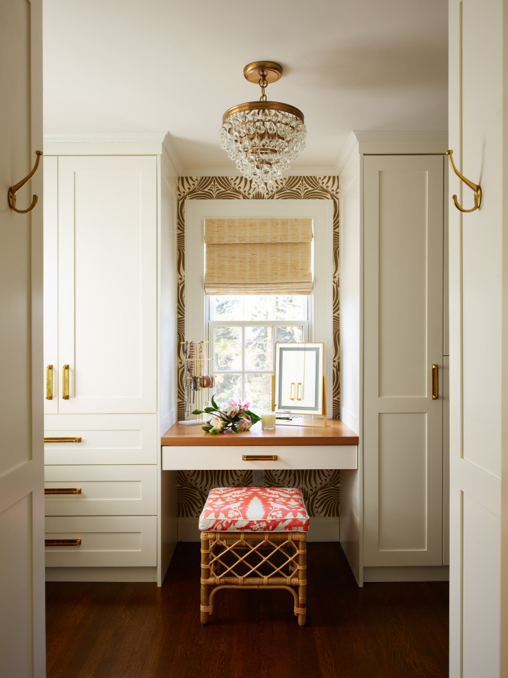 Inspiration for a large timeless dark wood floor and brown floor closet remodel in Boston