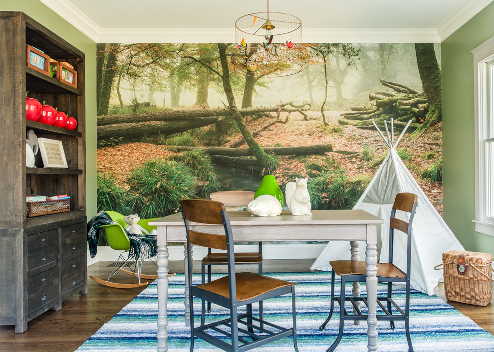 Example of a country gender-neutral dark wood floor kids' room design in Boston with multicolored walls