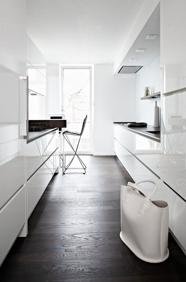 Photo of a mid-sized contemporary galley separate kitchen in Hamburg with a single-bowl sink, flat-panel cabinets, white cabinets, panelled appliances, dark hardwood floors, no island and brown floor.