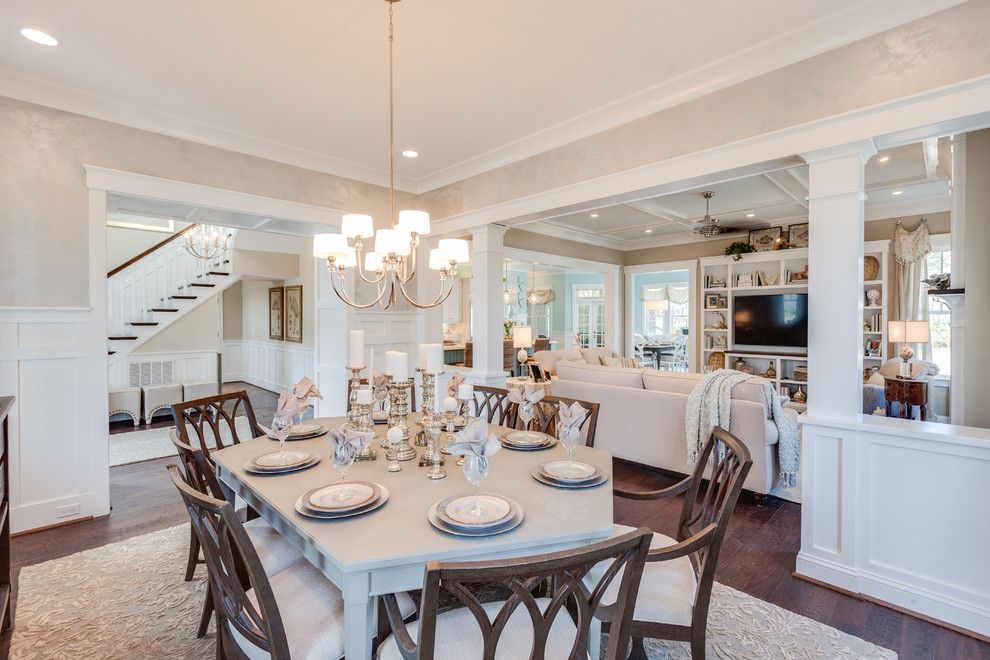 Great room - large coastal dark wood floor great room idea in Other