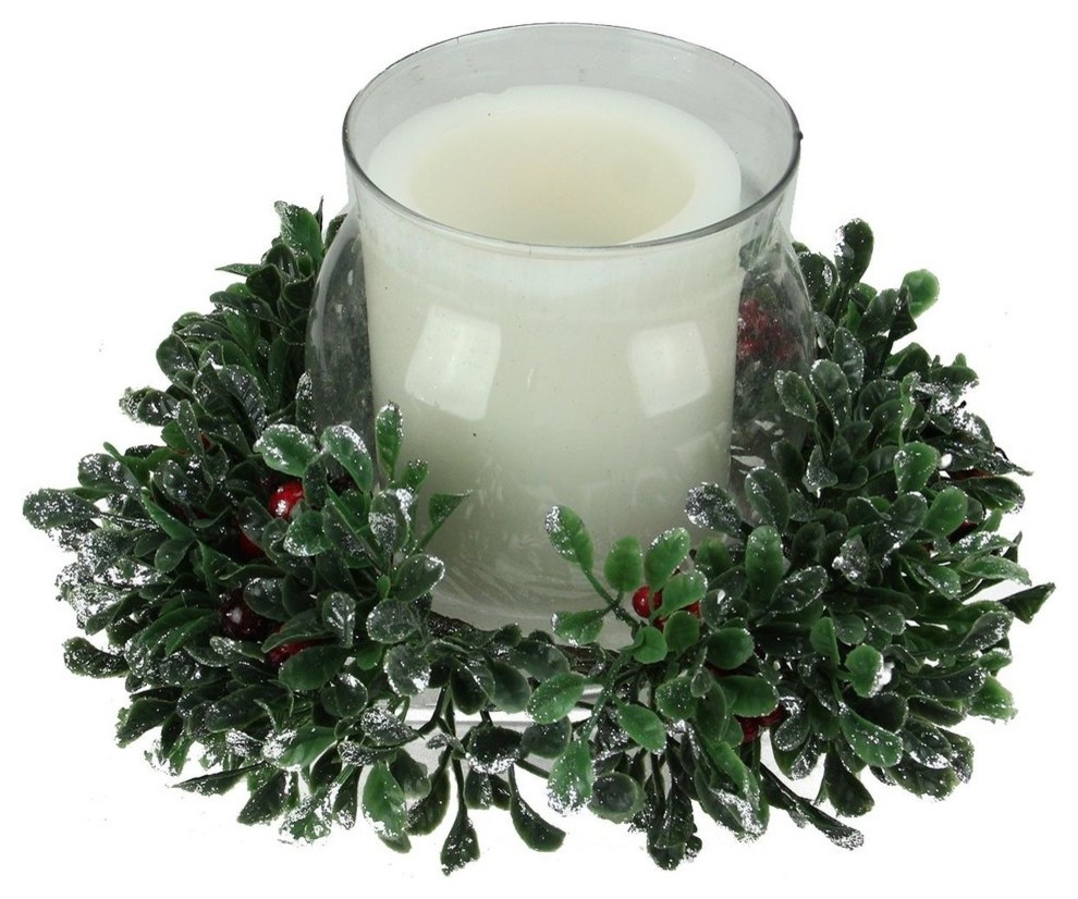 11 Boxwood And Berry Silver Tipped Christmas Hurricane Pillar Candle Holder Traditional Candleholders By Northlight Seasonal